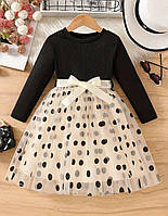 Святкова сукня для дівчинки з фатином у чорний горошок | чорна та біла ошатна сукня з довгим рукавом 120 (5-6 років)