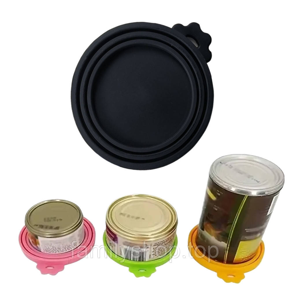 Силікона кришка чорна 3 в 1 для консервних банок. Багаторазова кришка для продуктів, фото 1