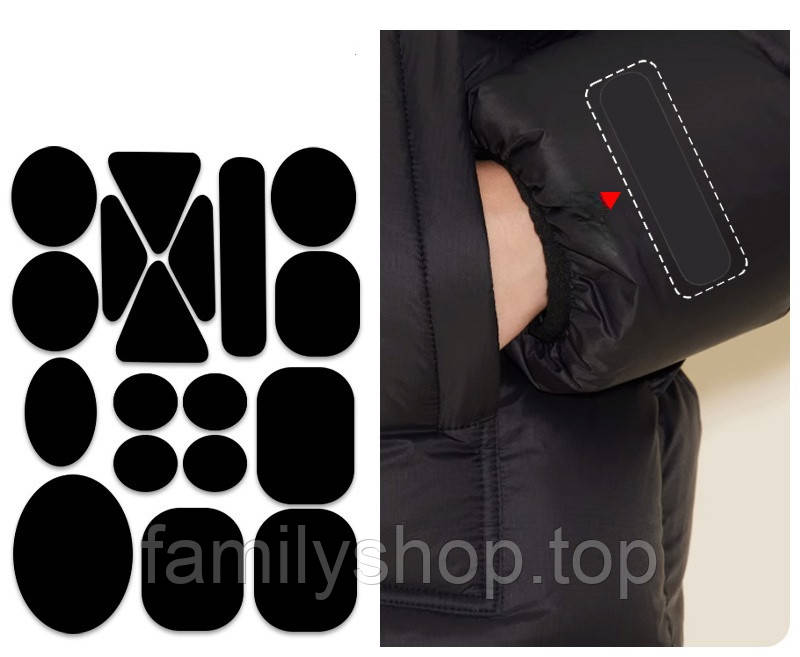 Самоклеючі латки для ремонту одягу та аксесуарів 18шт. Нейлонові водостійкі наклейки на листі 20x15 см, фото 1