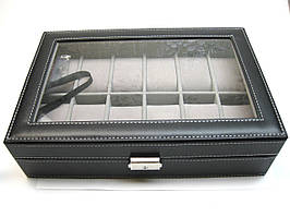 Коробка для хранения часов 12 мест, эко кожа черная, на замке