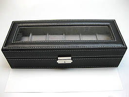 Коробка для хранения часов 6 мест, эко кожа черная, на замке