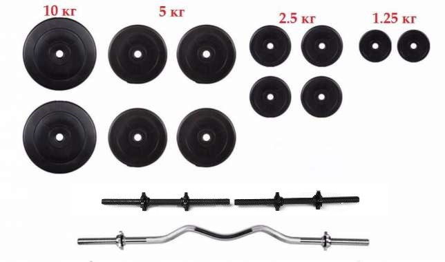 Штанга та гантелі Strong 60 кг, чорний метал, комплект для тренувань