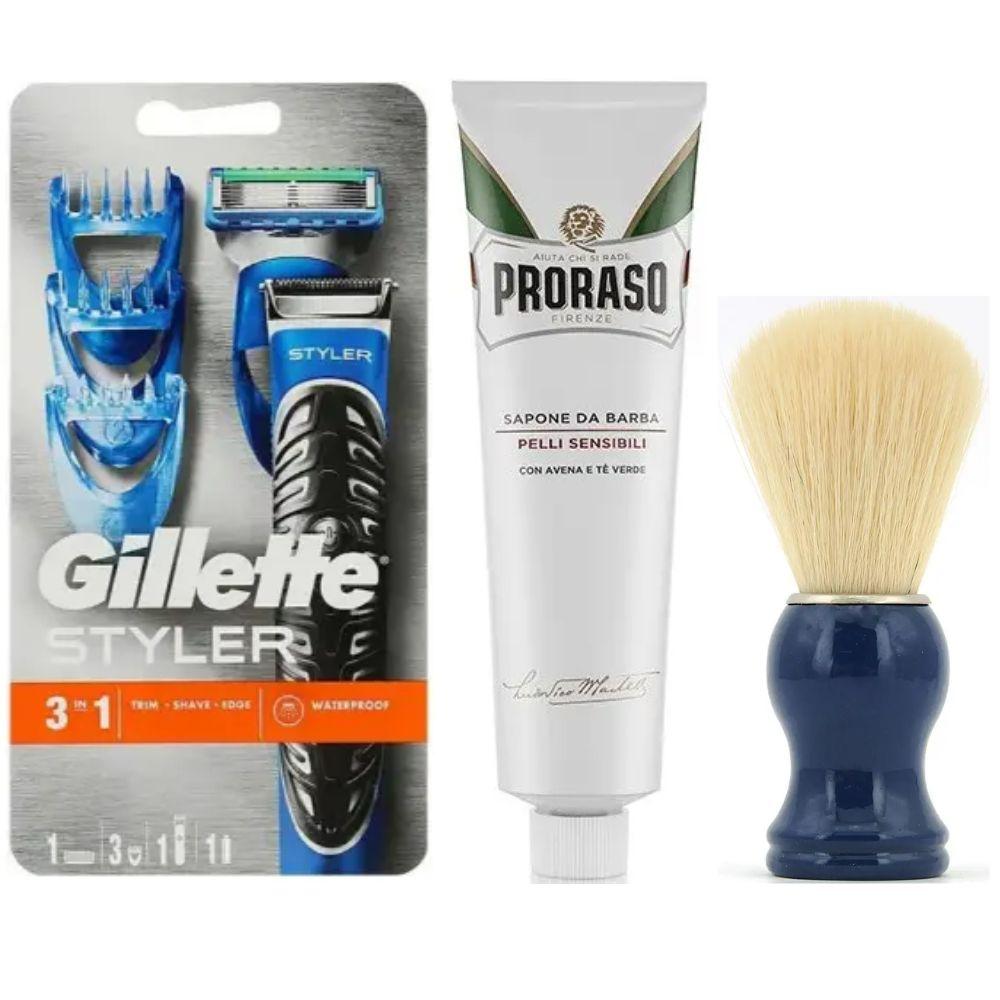 Подарунковий набір Gillette Fusion ProGlide Styler (1 касета + 3 насадки) + помазок SHIMA + крем для гоління Proraso, фото 1