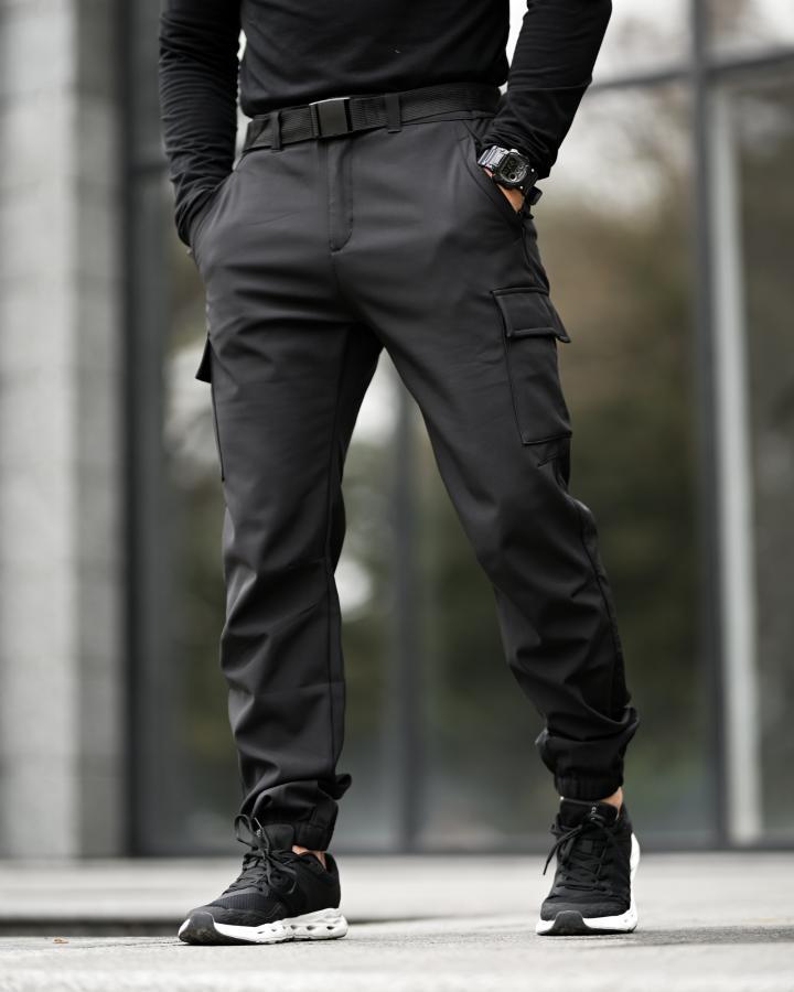 Зимові карго штани джогери Mendos black тактичні софтшел на ремені ВТ6916 ТМ, фото 1