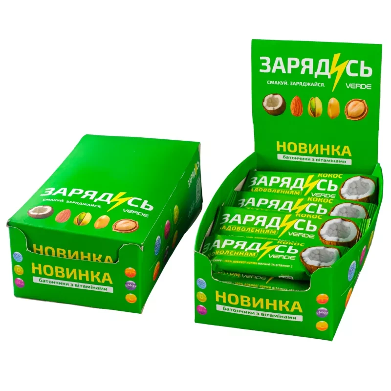 Батончик без цукру Зарядись Кокос+Магній Verde, 30 гр, фото 1