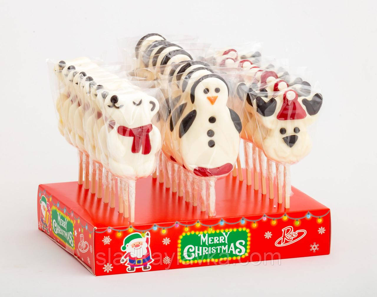 Карамель на паличці Білий Ведмедик, Пінгвін, Олень 27 шт 70 грам (Roks), фото 1