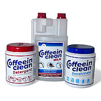 Набір засобів Coffeein Clean для повного обслуговування кавомашини (Detergent 900 г + Decalcinate 900 г + Milk 1 л)