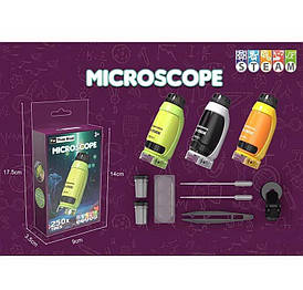Мікроскоп 229 A, 3 кольори, 250х збільшення, підсвічування, фокусування, 2 колби, предметне скельце, пінцет, 2 піпетки