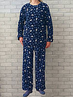 Женская теплая флисовая пижама зимний домашний комплект кофта с длинным рукавом и штаны темно синяя с оленями