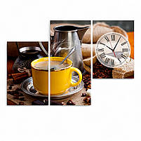 Годинник для кухні картина "Чашка кави, кавові зерна" Сучасний настінний декор Друк на полотні 90х60 см з 3х частин, фото 2