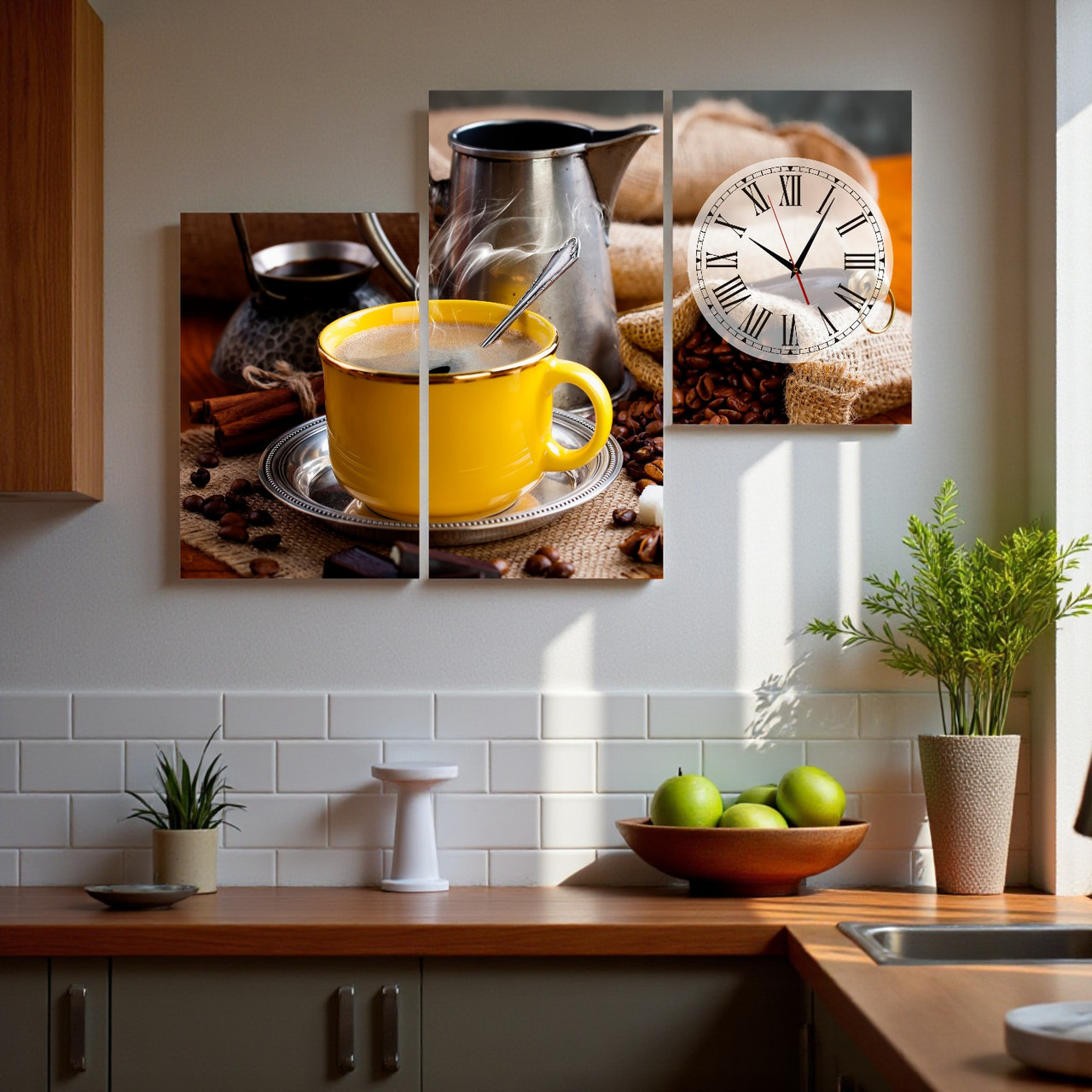 Годинник для кухні картина "Чашка кави, кавові зерна" Сучасний настінний декор Друк на полотні 90х60 см з 3х частин, фото 1
