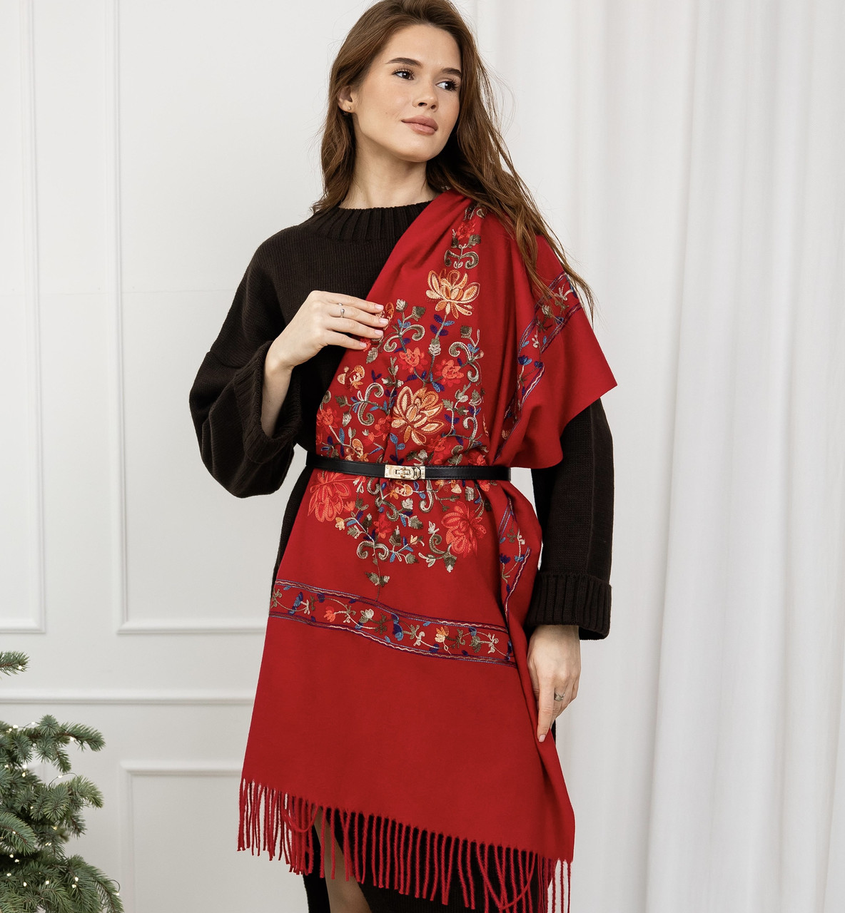 Кашеміровий шарф "Ваза квітів" бордовий 135013, фото 1