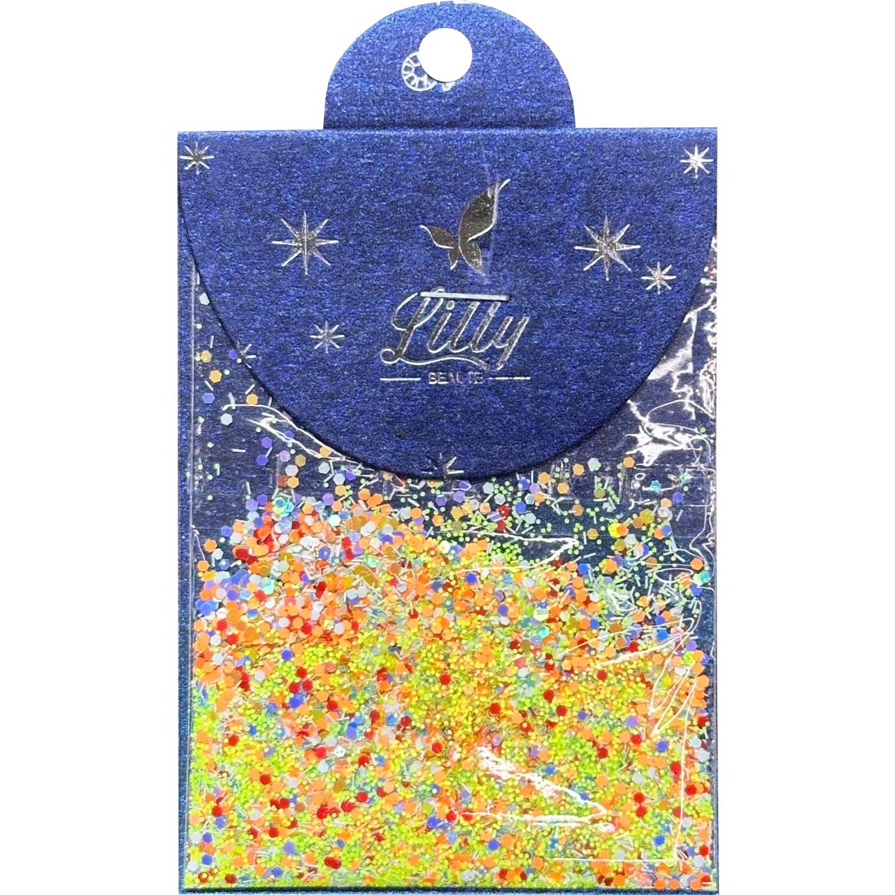 Конфетти Lilly Beaute для маникюра шестигранники голубой+красный+оранжевый+полоски №37