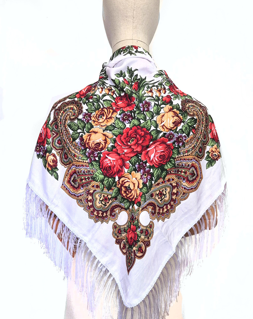 Хустка українська народна із квітами з бахромою Марина біла, фото 1