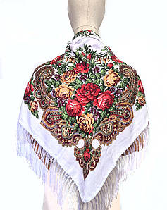 Хустка українська народна із квітами з бахромою Марина біла