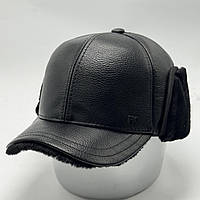 Кепка чоловіча зимова еко-шкіра нємка хутро з вушками 58 чорна