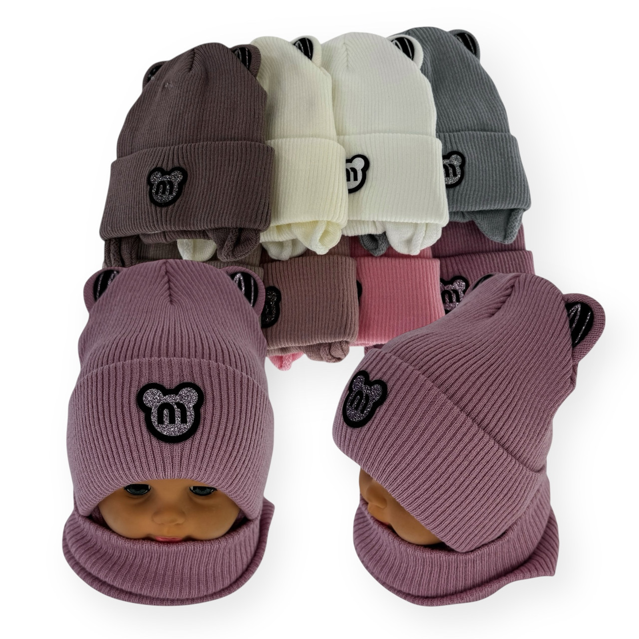 ОПТ Дитячий комплект — шапка та шарф-хомут для дівчинки на флісі, р. 48-52 (5 шт./набір), фото 1