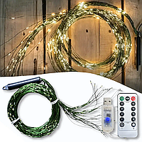 Гірлянда Кінський хвіст від USB, 3 метри, 600 LED, 20ниток + Пульт, Теплий білий / Зелений дріт