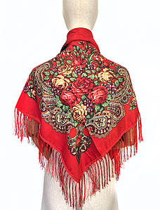 Хустка народна українська із квітами з бахромою Марина червона