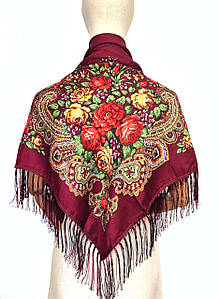 Хустка українська народна із квітами з бахромою Марина марсала