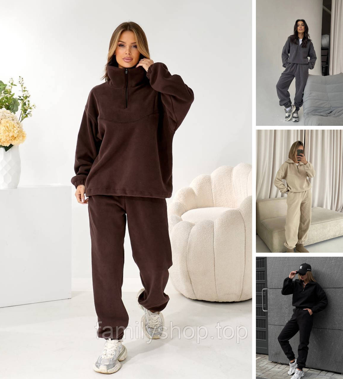 Жіночий теплфий флісовий спортивний костюм оверсайз джогери та кофта на блискавці, фото 1