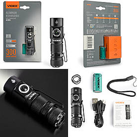 Ліхтарик ручний світлодіодний VIDEX VLF-A351 300 лм, USB-C, Акумулятор 16340 (800mAh), 4 режими, Дальність 75м, IP66, Ультракомпак