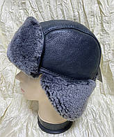 Чоловіча чорна ушанка з натуральної сірої овчини 55-57