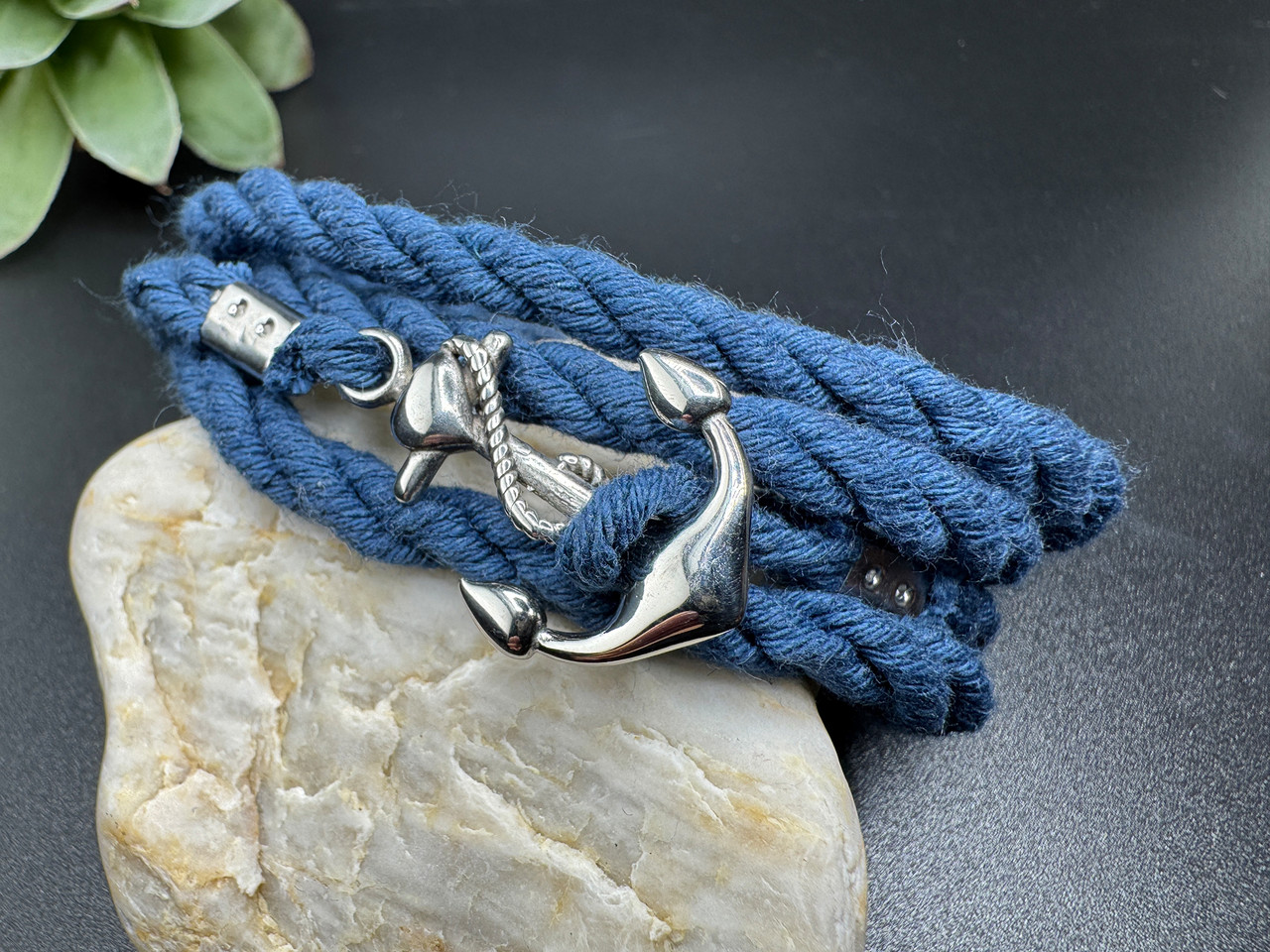 Браслет із якором, темно-синій канат сталь, фото 1