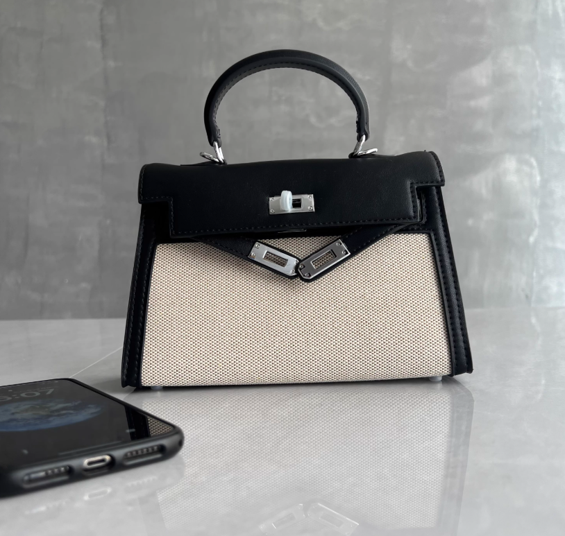 Сумка шкіряна з текстильною вставкою 22см (с49-кт-818-22) Чорна, фото 1