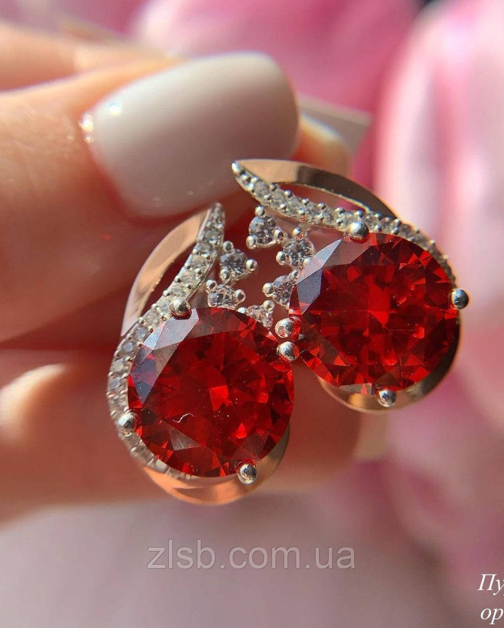 Сережки зі срібла з золотом і круглими червоними фіанітами Пурпур, фото 1