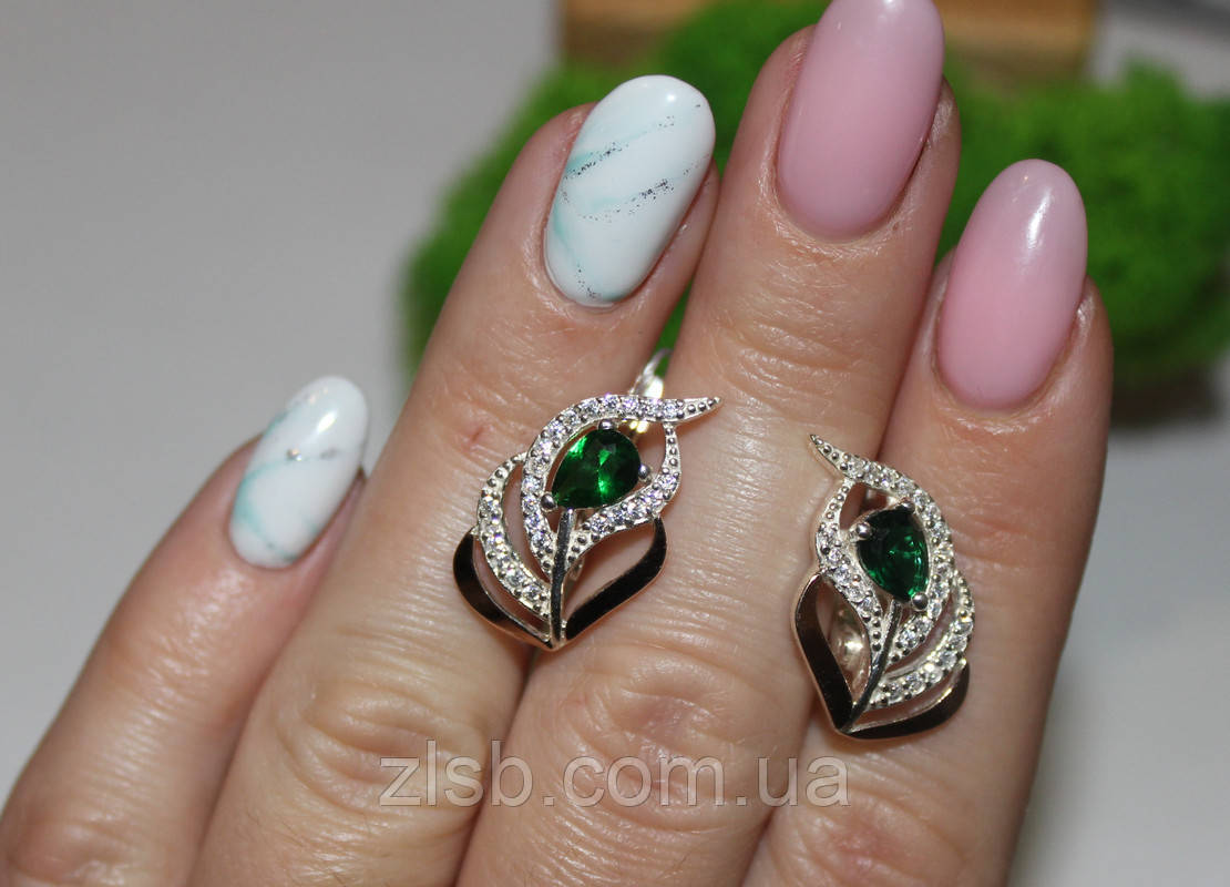 Сережки з зеленим цирконом та золотом Ваніль, фото 1