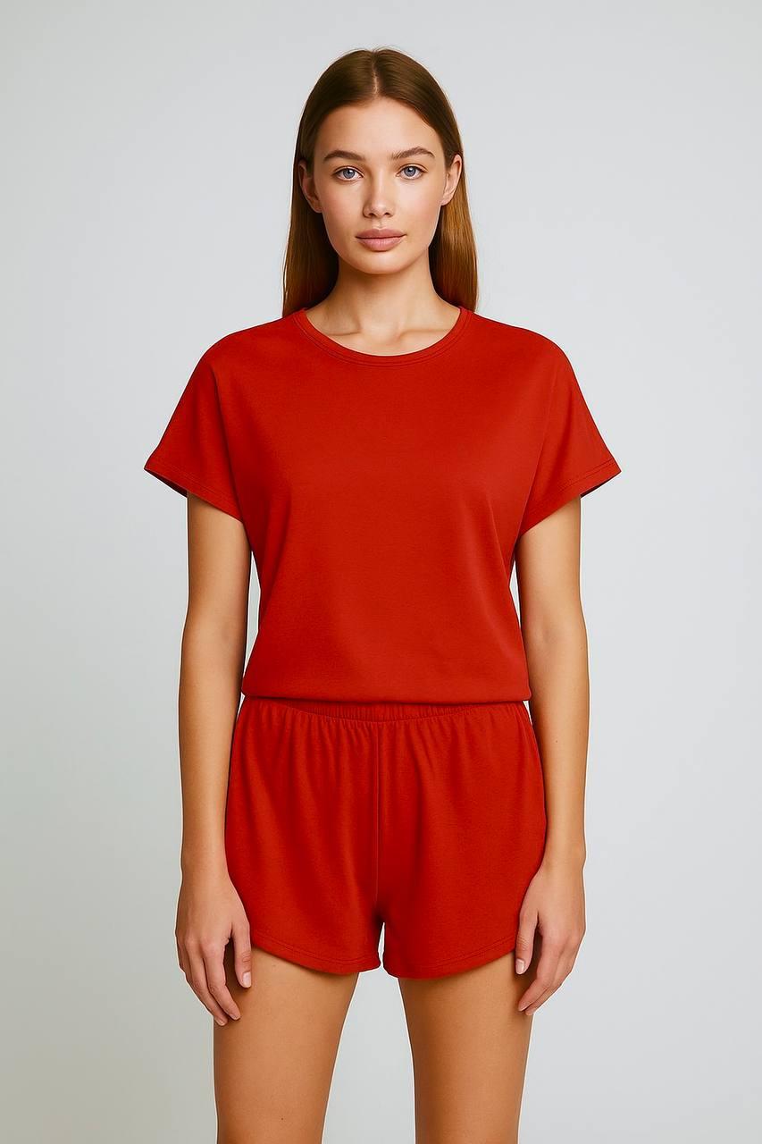 Піжама жіноча червоного кольору, футболка і шорти бавовняна