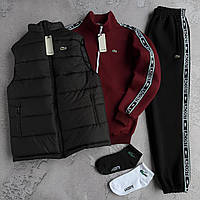Набір Зима Lacoste жилет кофта штани бордово/чорний лампас