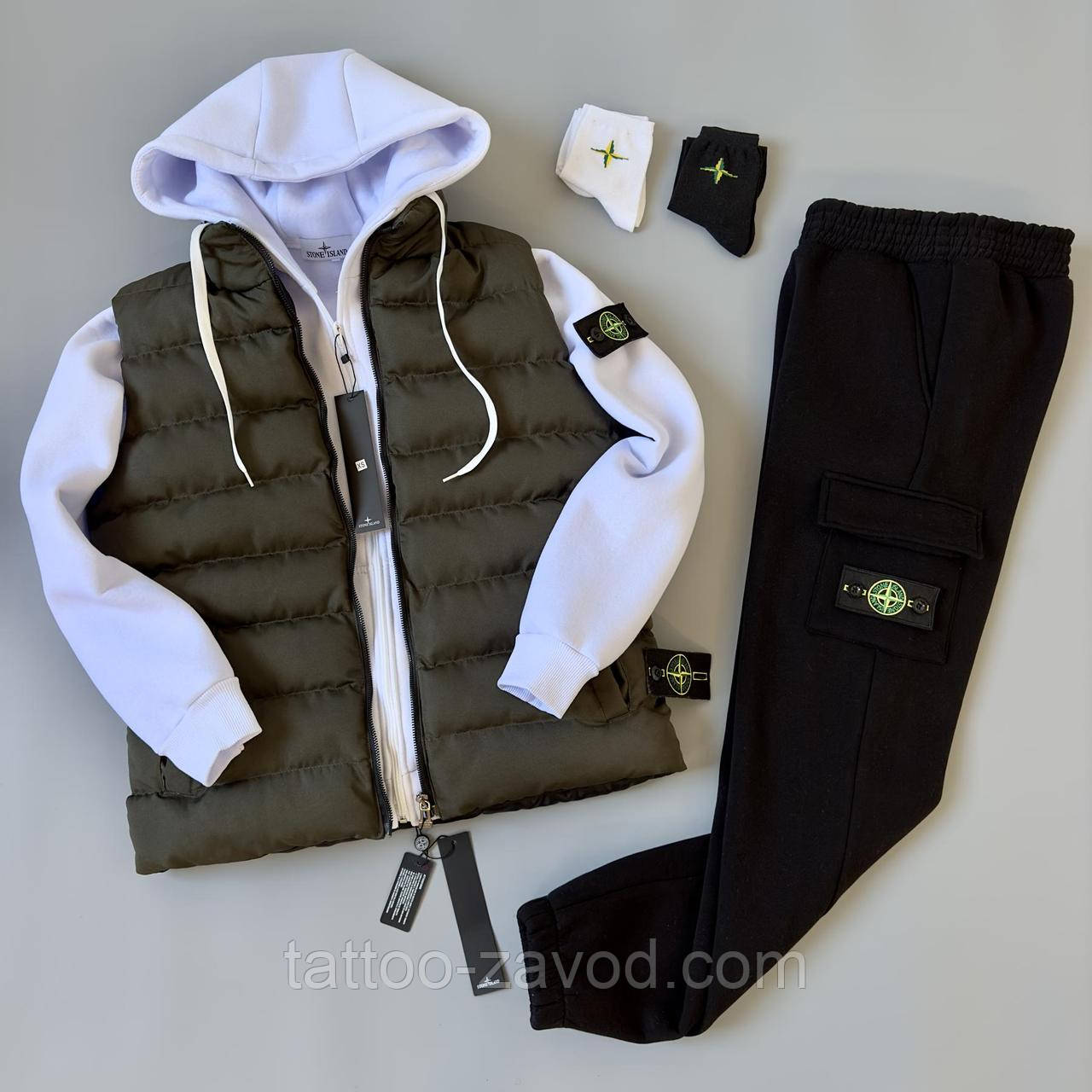 Набір SI ЗИМА:хакі жилет, білий зіп худі, штани., фото 1