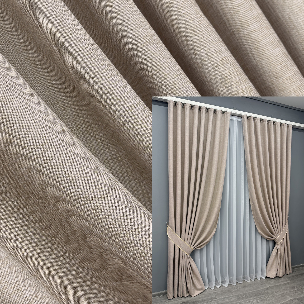 Комплект штор (2шт. 1,5х2,9м.) з легкої фактурної тканини льон, колекція “ALORA-TON”. Колір бежевий. Код 1874ш 33-0838, фото 1