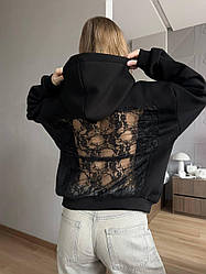 Худі жіноче з тринитки на флісі чорне, зі спинкою з мережива, відкрита спина, стильне трендове худі гола спина