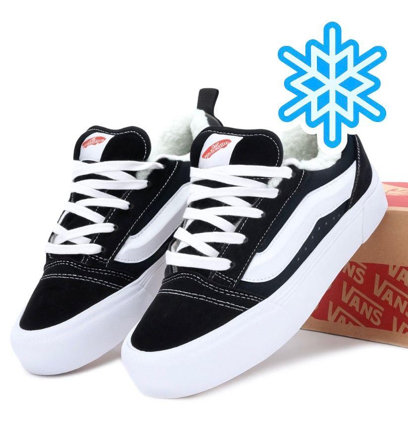 Зимові Vans Knu Platform Winter Fur Black White Кеди на хутрі Ванс Кну чорно-білі на платформі зима теплі дутий язичок