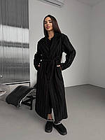 Женское демисезонное двубортное пальто длинное кашемировое в полоску с карманами размер универсальный 42-46