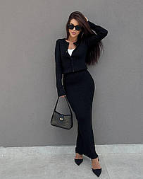 Жіночий в’язаний костюм з кофтою на гудзиках і спідницею міді — елегантний, трикотажний, Туреччина