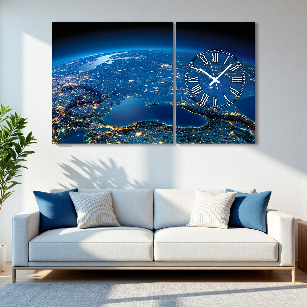 Модульна картина «Нічна Земля з космосу. Вид на Україну» Настінний безшумний годинник 100х60 см з 2х частин, фото 1