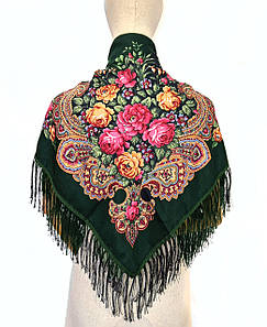 Хустка народна із квітами з бахромою Марина зелена