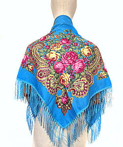 Хустка народна українська із квітами з бахромою Марина блакитна