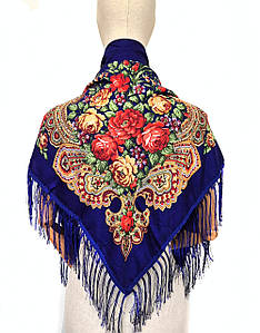 Хустка народна українська із квітами з бахромою Марина синій