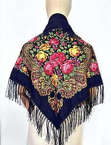 Хустка народна українська із квітами з бахромою Марина темно-синя