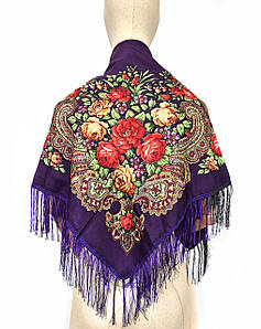 Хустка українська народна із квітами з бахромою Марина фіолетова