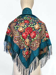 Хустка народна українська із квітами з бахромою Марина бірюза темна