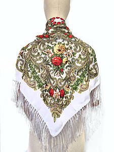 Хустка українська народна із квітами з бахромою Марина біла
