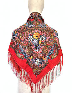 Хустка народний із квітами з бахромою Марина червоний алий