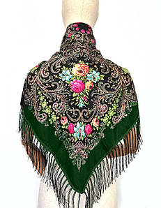 Хустка народна українська із квітами з бахромою Марина зелена