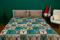 Комплект постільної білизни Ecotton Євро двоспальний 210х215 см теплий із фланелі зелений Олені новорічний